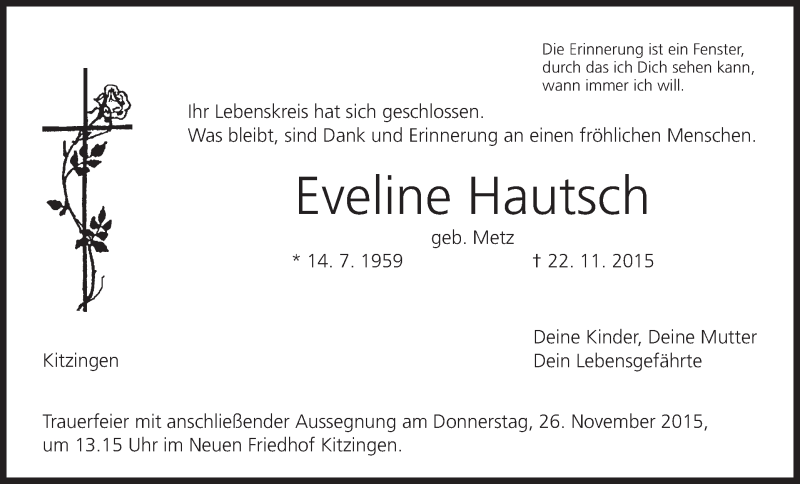  Traueranzeige für Eveline Hautsch vom 24.11.2015 aus MGO