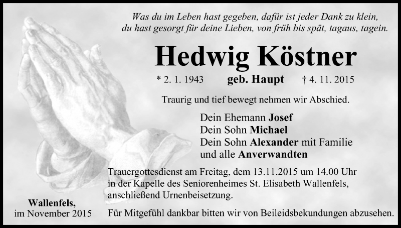  Traueranzeige für Hedwig Köstner vom 10.11.2015 aus MGO