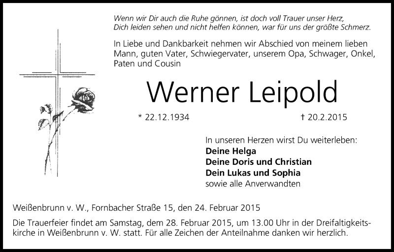  Traueranzeige für Werner Leipold vom 24.02.2015 aus MGO