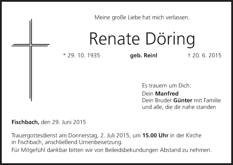  Traueranzeige für Renate Döring vom 29.06.2015 aus MGO