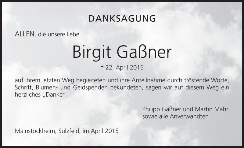  Traueranzeige für Birgit Gaßner vom 09.05.2015 aus MGO