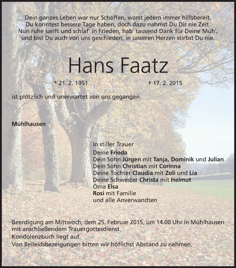 Traueranzeige für Hans Faatz vom 23.02.2015 aus MGO