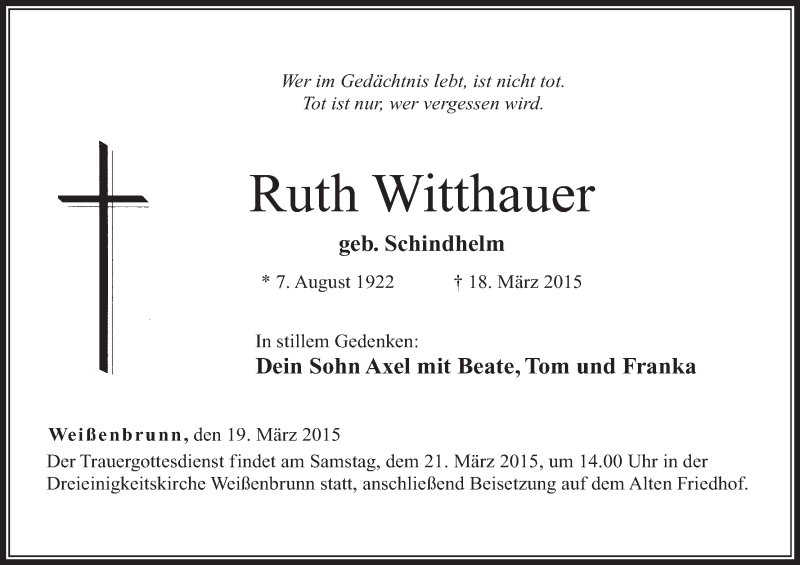  Traueranzeige für Ruth Witthauer vom 19.03.2015 aus MGO