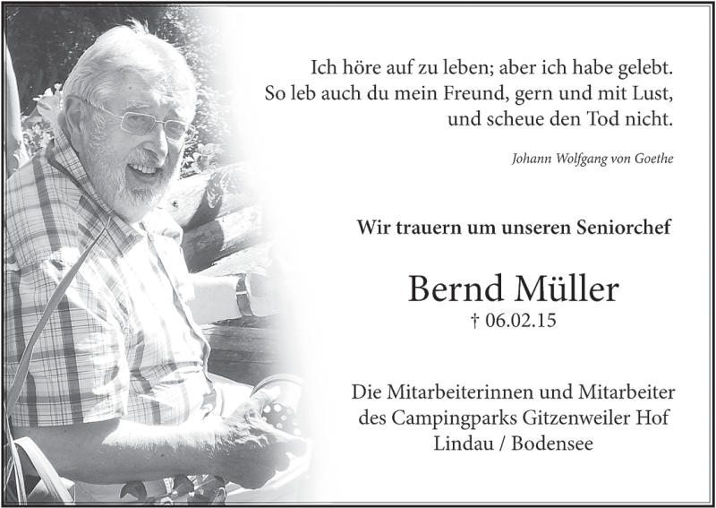 Traueranzeige für Bernd Müller vom 12.02.2015 aus MGO