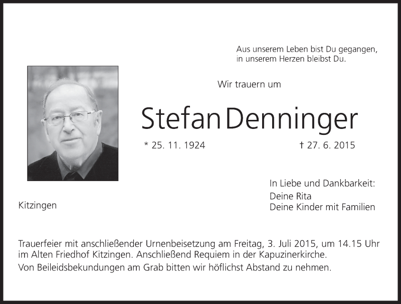 Traueranzeige für Stefan Denninger vom 30.06.2015 aus MGO