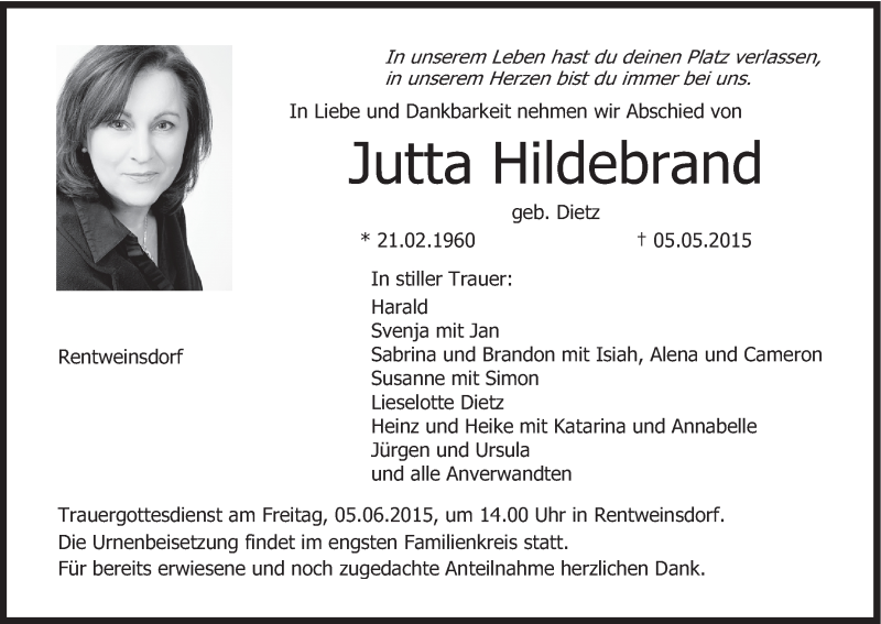  Traueranzeige für Jutta Hildebrand vom 03.06.2015 aus MGO