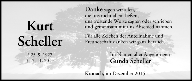  Traueranzeige für Kurt Scheller vom 04.12.2015 aus MGO