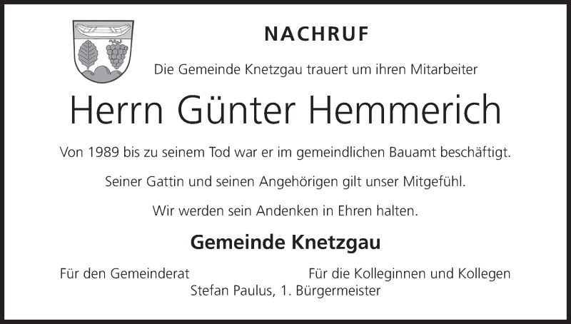  Traueranzeige für Günter Hemmerich vom 28.09.2015 aus MGO