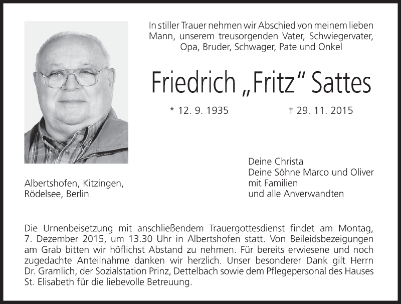  Traueranzeige für Friedrich Sattes vom 03.12.2015 aus MGO