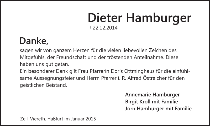  Traueranzeige für Dieter Hamburger vom 17.01.2015 aus MGO