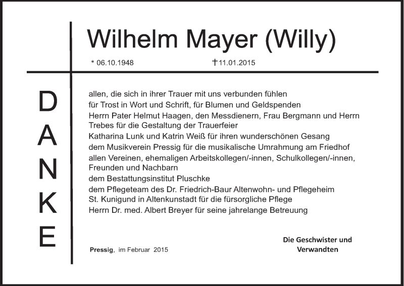  Traueranzeige für Wilhelm Mayer vom 07.02.2015 aus MGO