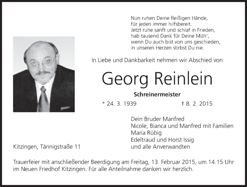 Traueranzeige für Georg Reinlein vom 11.02.2015 aus MGO