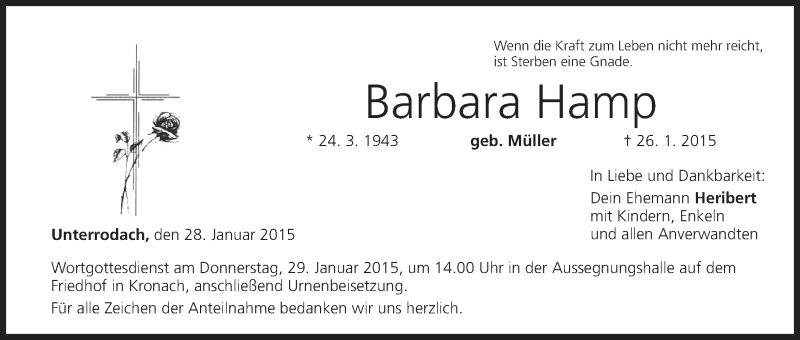  Traueranzeige für Barbara Hamp vom 28.01.2015 aus MGO