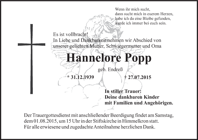  Traueranzeige für Hannelore Popp vom 30.07.2015 aus MGO