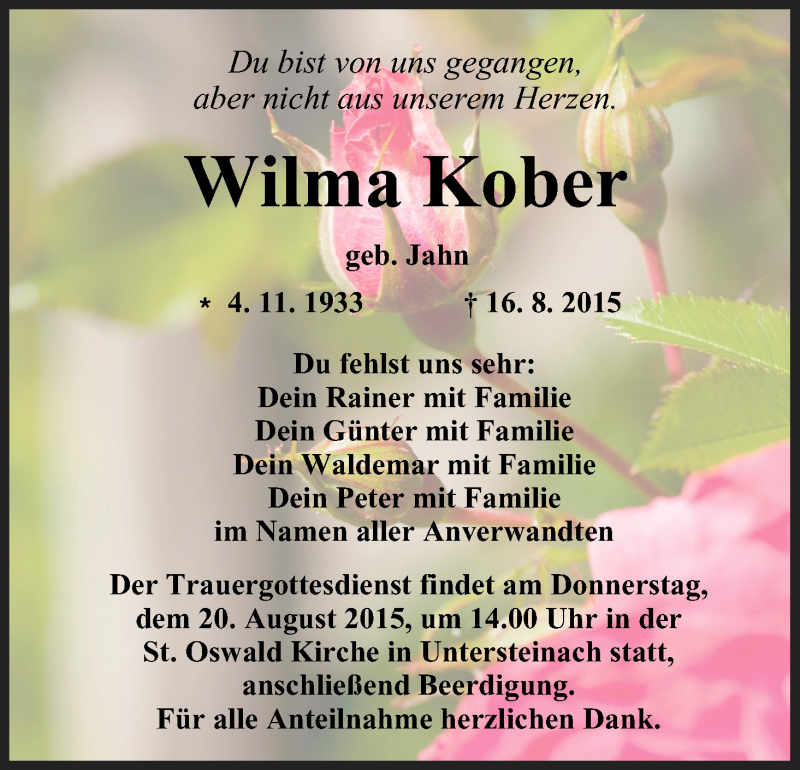  Traueranzeige für Wilma Kober vom 18.08.2015 aus MGO