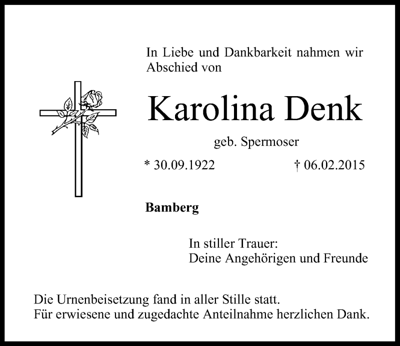  Traueranzeige für Karolina Denk vom 28.02.2015 aus MGO