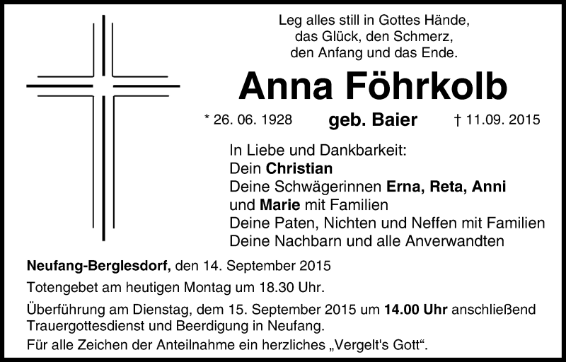  Traueranzeige für Anna Föhrkolb vom 14.09.2015 aus MGO