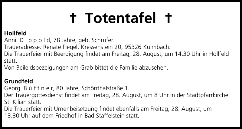  Traueranzeige für Totentafel vom 27.08.2015 vom 27.08.2015 aus MGO