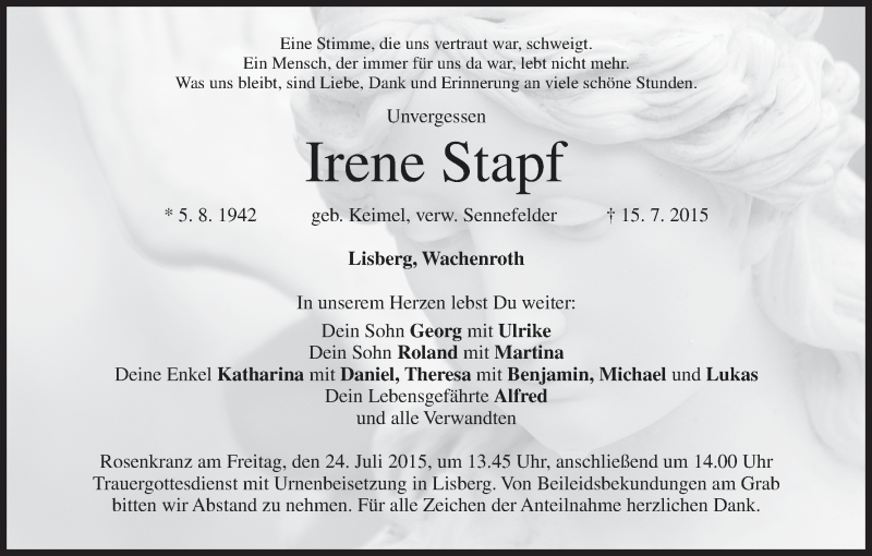  Traueranzeige für Irene Stapf vom 22.07.2015 aus MGO