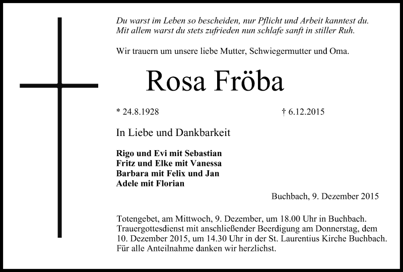  Traueranzeige für Rosa Fröba vom 09.12.2015 aus MGO