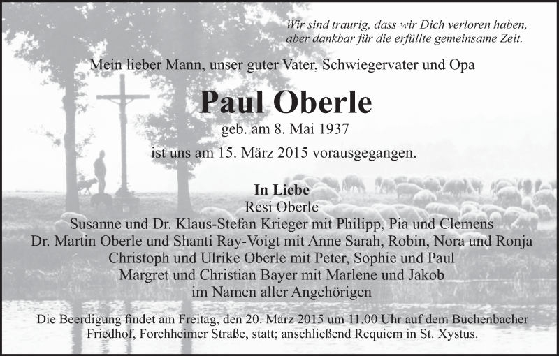  Traueranzeige für Paul Oberle vom 17.03.2015 aus MGO