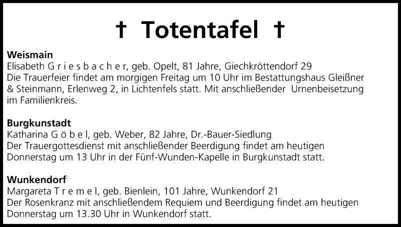  Traueranzeige für Totentafel vom 22.01.2015 vom 22.01.2015 aus MGO