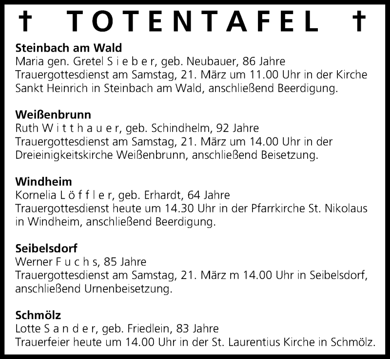  Traueranzeige für Totentafel vom 20.03.2015 vom 20.03.2015 aus MGO