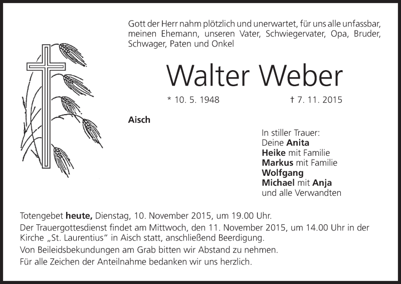  Traueranzeige für Walter Weber vom 10.11.2015 aus MGO