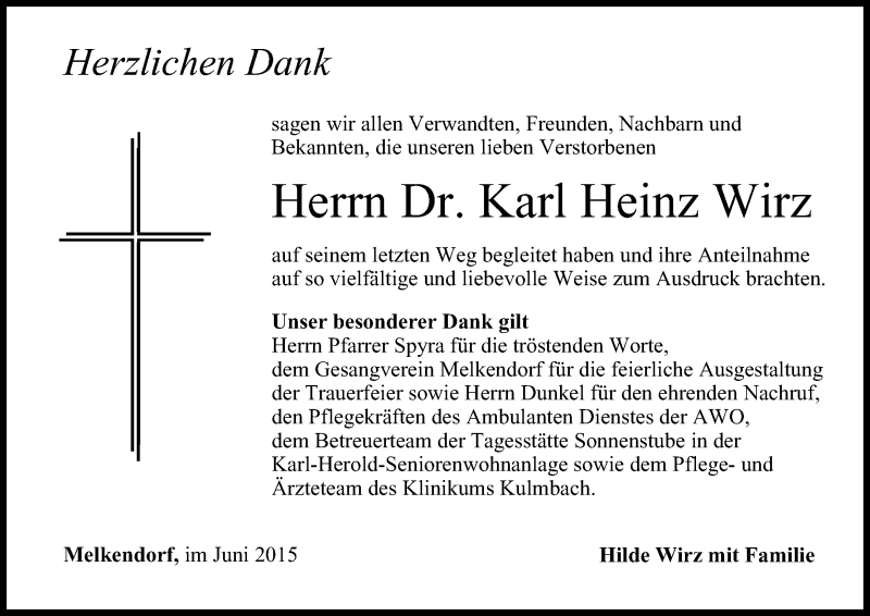  Traueranzeige für Karl Heinz Wirz vom 20.06.2015 aus MGO