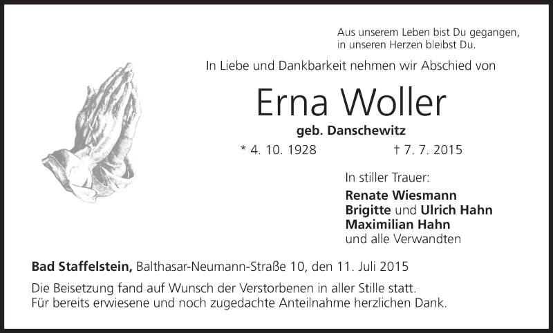  Traueranzeige für Erna Woller vom 11.07.2015 aus MGO