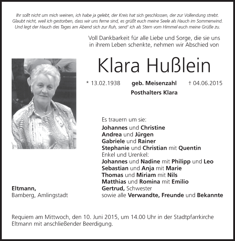  Traueranzeige für Klara Hußlein vom 08.06.2015 aus MGO