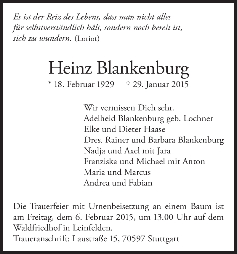  Traueranzeige für Heinz Blankenburg vom 31.01.2015 aus MGO