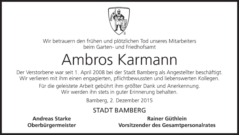  Traueranzeige für Ambros Karmann vom 02.12.2015 aus MGO