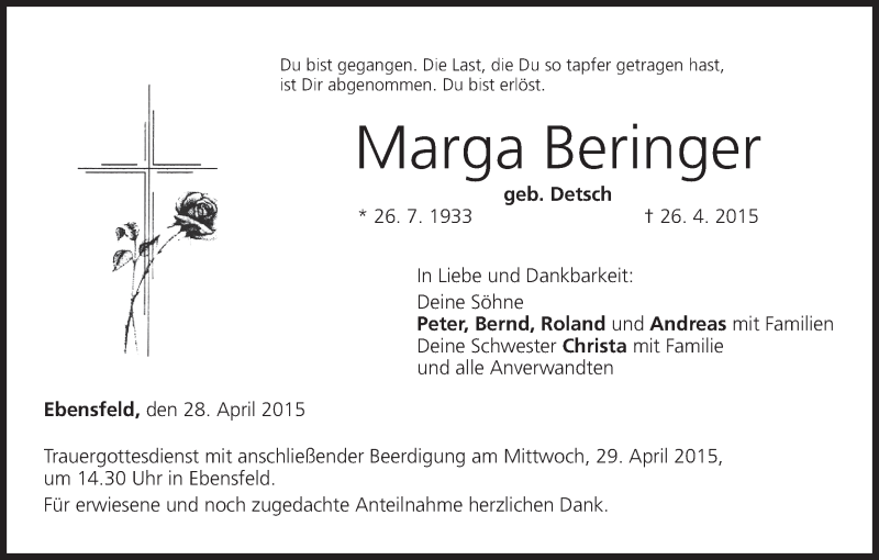  Traueranzeige für Marga Beringer vom 28.04.2015 aus MGO