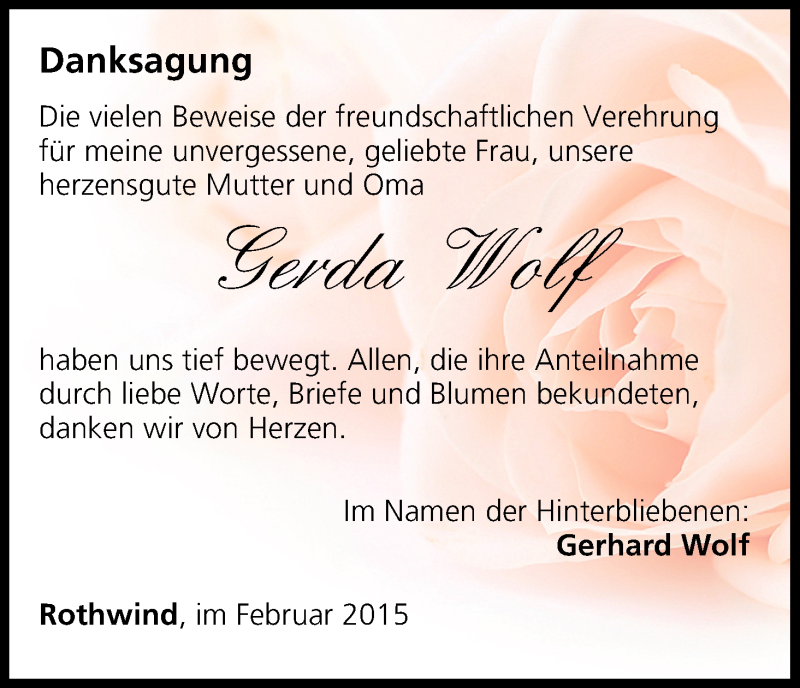  Traueranzeige für Gerda Wolf vom 06.02.2015 aus MGO
