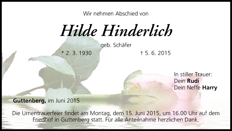  Traueranzeige für Hilde Hinderlich vom 11.06.2015 aus MGO