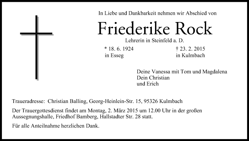  Traueranzeige für Friederike Rock vom 26.02.2015 aus MGO
