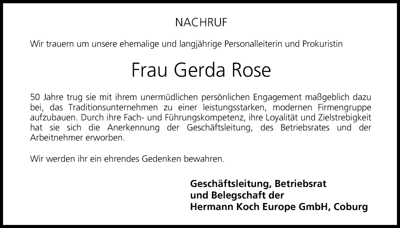  Traueranzeige für Gerda Rose vom 18.03.2015 aus MGO