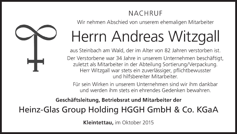 Traueranzeige für Andreas Witzgall vom 15.10.2015 aus MGO