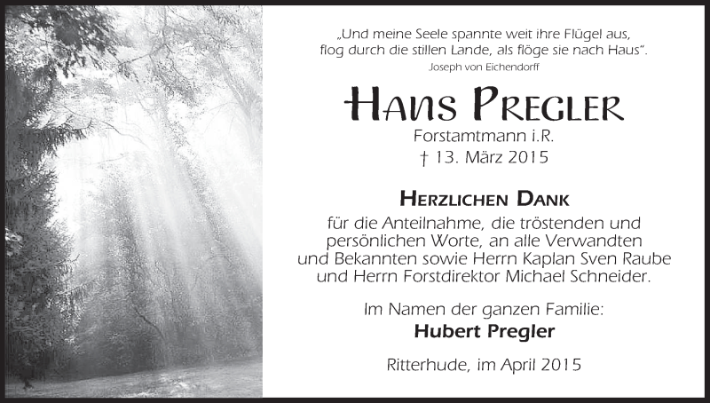  Traueranzeige für Hans Pregler vom 11.04.2015 aus MGO