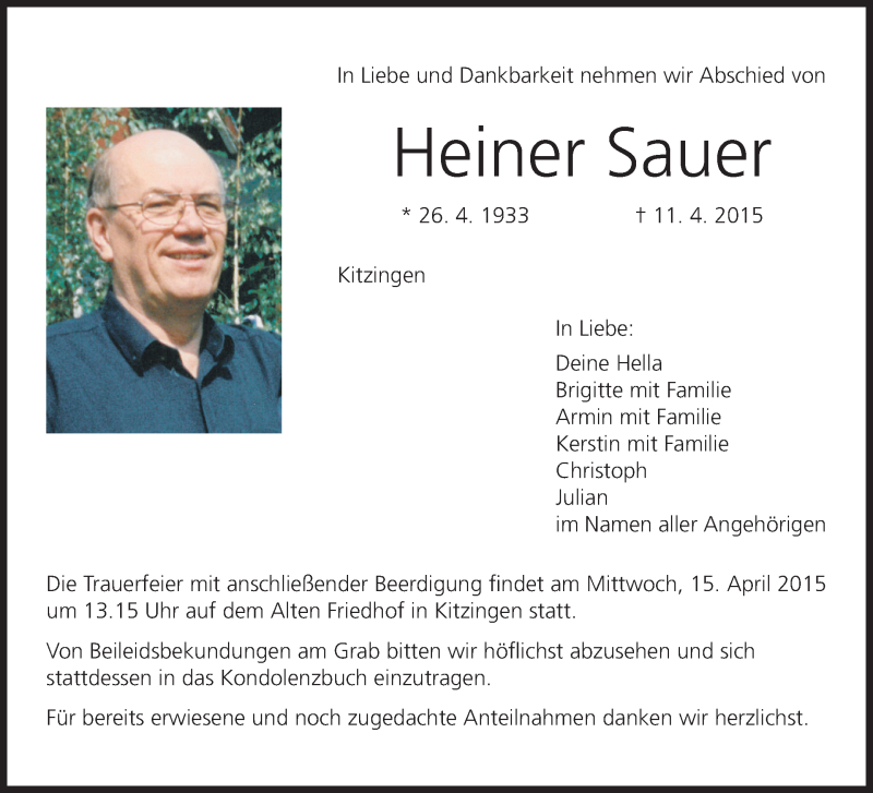  Traueranzeige für Heiner Sauer vom 13.04.2015 aus MGO