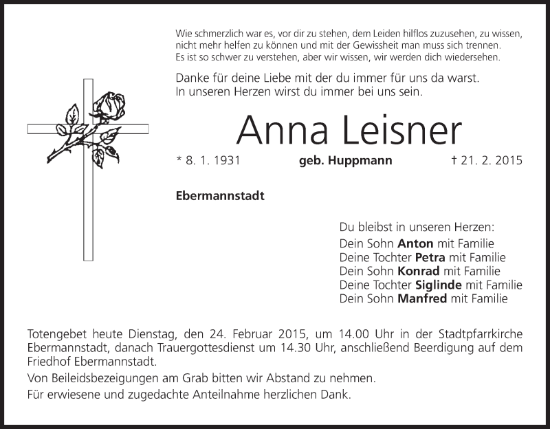  Traueranzeige für Anna Leisner vom 24.02.2015 aus MGO