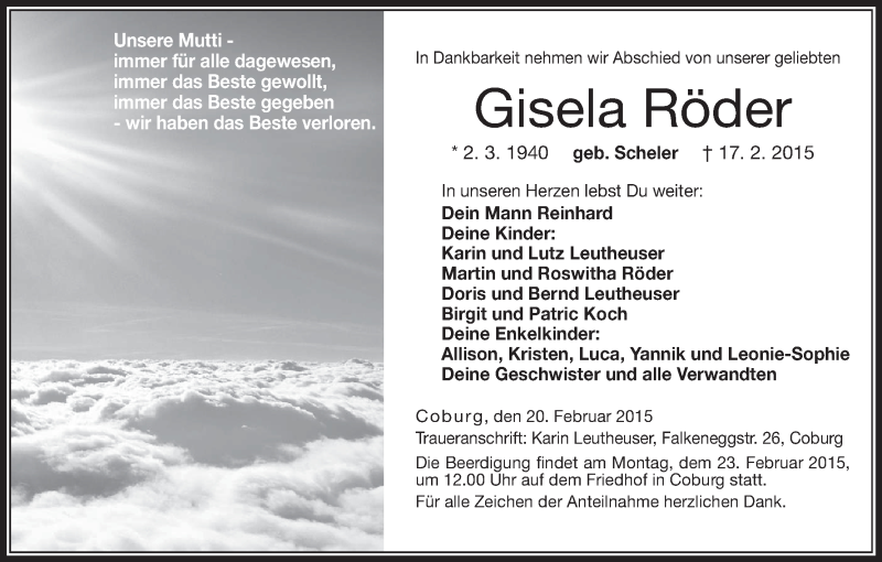  Traueranzeige für Gisela Röder vom 20.02.2015 aus MGO