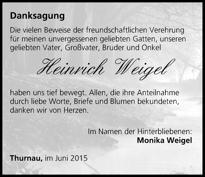  Traueranzeige für Heinrich Weigel vom 27.06.2015 aus MGO