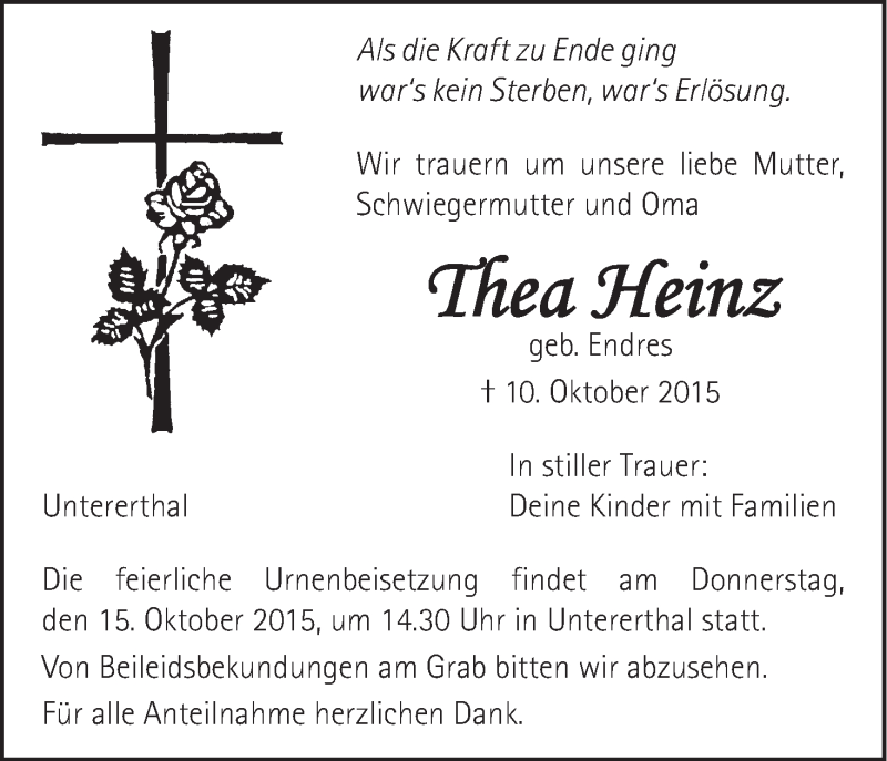  Traueranzeige für Thea Heinz vom 13.10.2015 aus MGO