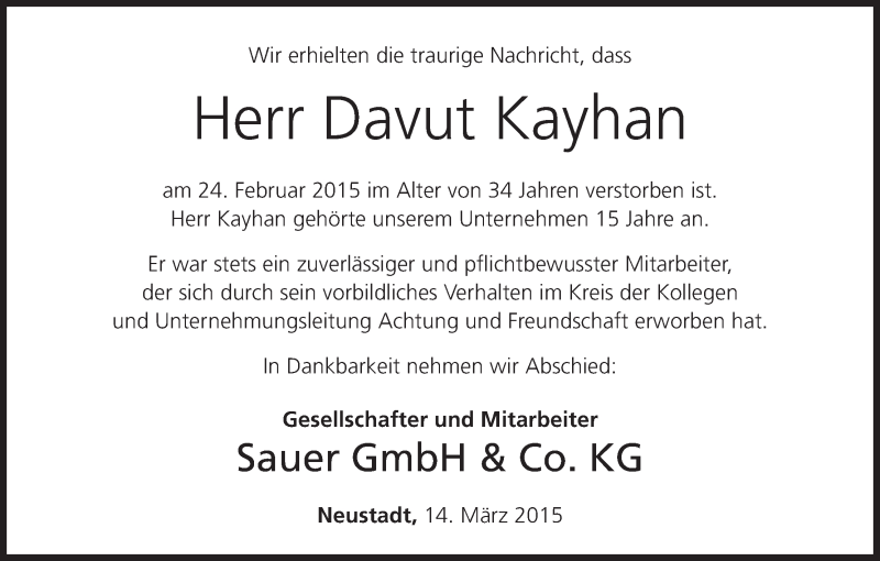  Traueranzeige für Davut Kayhan vom 14.03.2015 aus MGO