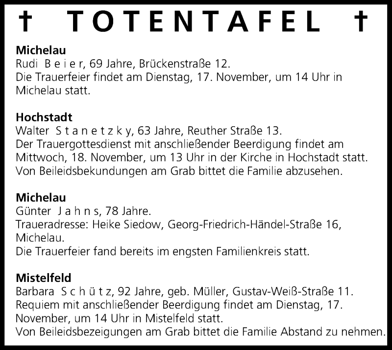  Traueranzeige für Totentafel vom 17.11.2015 vom 17.11.2015 aus MGO