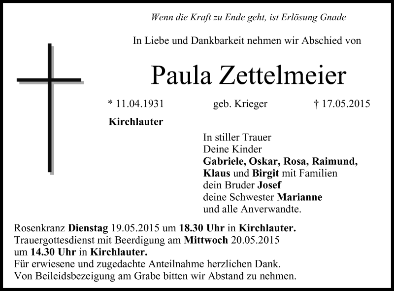  Traueranzeige für Paula Zettelmeier vom 19.05.2015 aus MGO