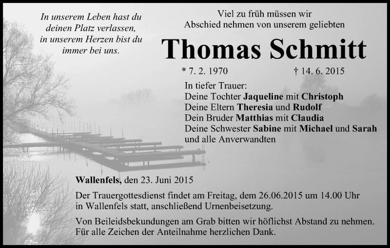  Traueranzeige für Thomas Schmitt vom 23.06.2015 aus MGO