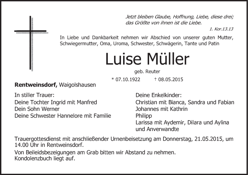 Traueranzeige für Luise Müller vom 18.05.2015 aus MGO